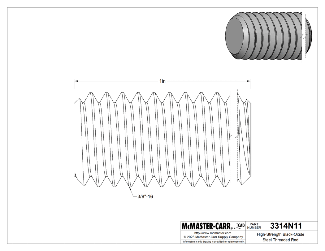 Technical Drawing of High-Strength Black-Oxide Steel Threaded Rod, 3/8"-16 Thread Size, 1" Long.